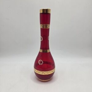 Vintage Ruby Red Glass Bud Vase Gold Enamel Floral Bohemian Style 8in